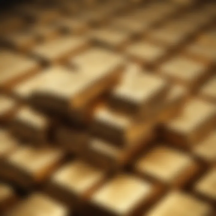 Close-up view of gold ingots stacked neatly