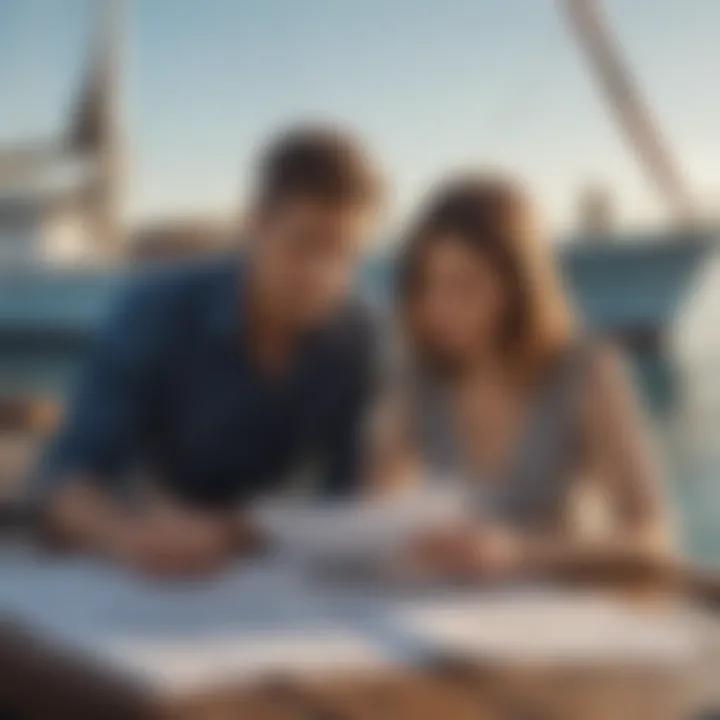 A couple reviewing loan documents with a boat in the background