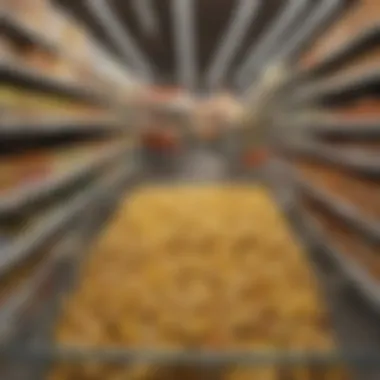 Shopping cart filled with Aldi frozen corn and other groceries.