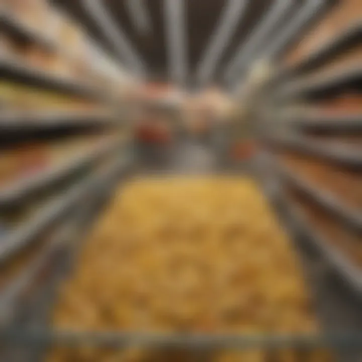 Shopping cart filled with Aldi frozen corn and other groceries.