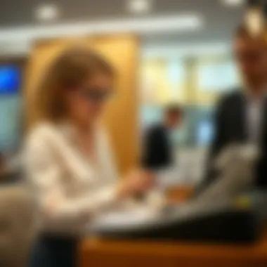 A bank teller assisting with a check transaction