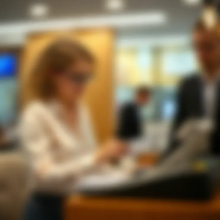 A bank teller assisting with a check transaction