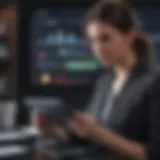 Modern business woman analyzing financial data on digital tablet