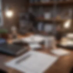 An organized workspace featuring a budget planner and financial documents.