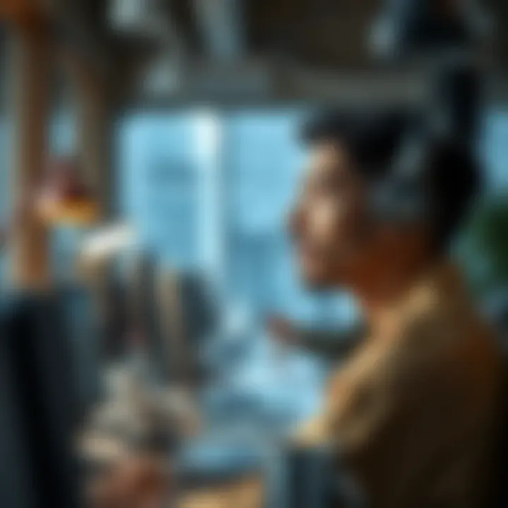 An individual contemplating career choices in a modern workspace