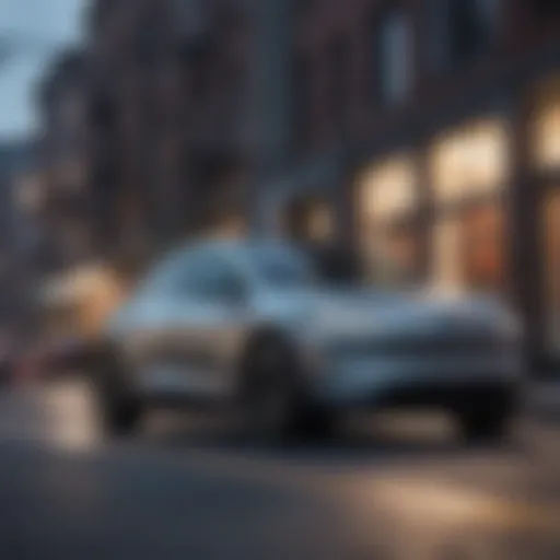 Sleek electric car parked in urban setting at dusk