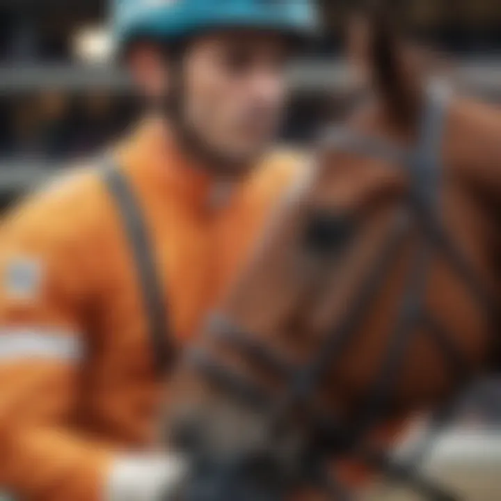 Tense moments: A close-up of a jockey in colorful racing silks holding the reins