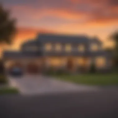 A beautiful home with a 'For Sale' sign in front, set against a vibrant sunset