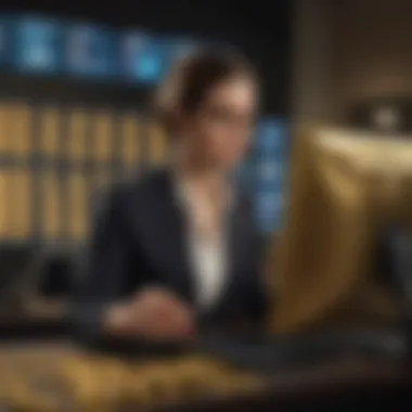 Elegant Businesswoman Analyzing Gold Trading Trends on Computer