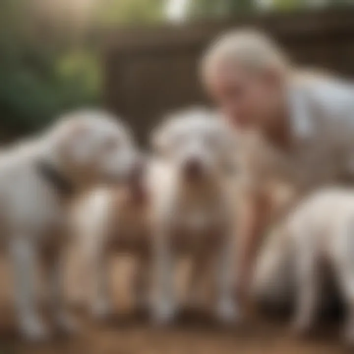 An ethical breeder interacting with albino puppies