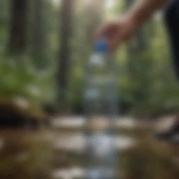 An individual using a practical water bottle while engaging in outdoor activities.