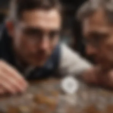 Coin collector examining coin under magnifying glass