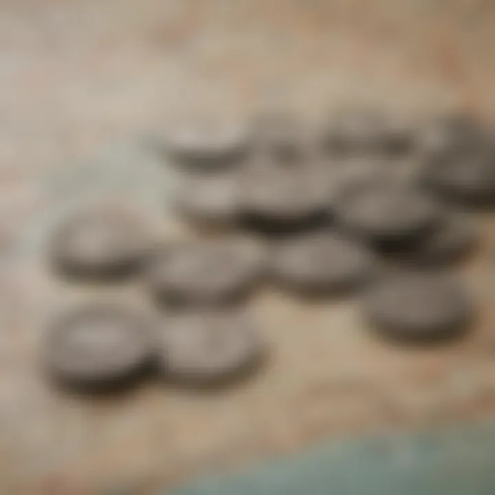 Variety of cheap coins displayed on a vintage map