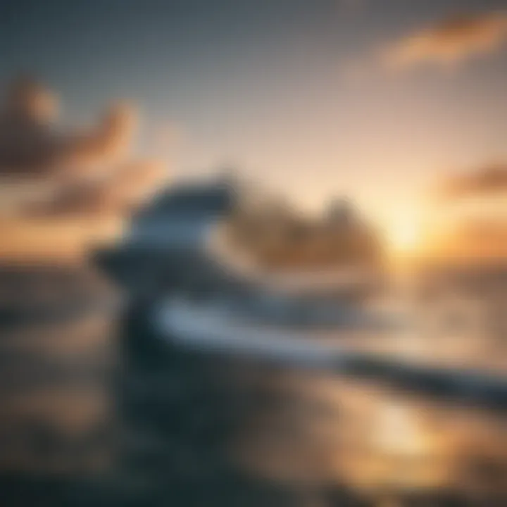 Cruise ship sailing through the ocean with a sunset background