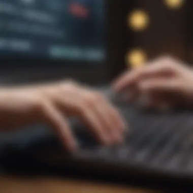 A close-up of a hand typing on a laptop keyboard