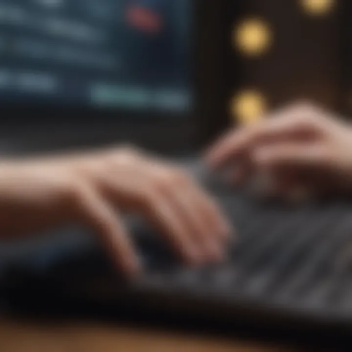 A close-up of a hand typing on a laptop keyboard