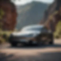 A sleek, modern Tesla car parked against a picturesque backdrop