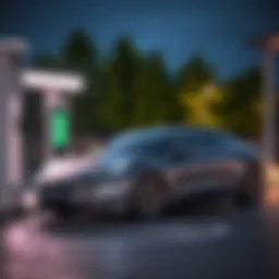 A sleek electric car charging at a station