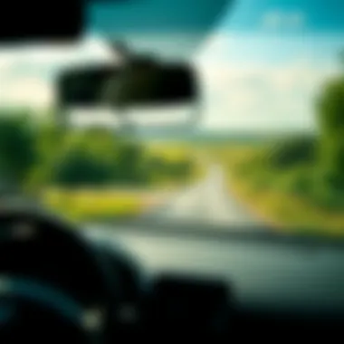 Sustainable Driving Experience A scenic view of an electric car driving through a green landscape