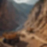 A scenic view of a gold mining operation amidst a mountainous landscape, showcasing the scale and beauty of the environment.