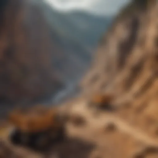 A scenic view of a gold mining operation amidst a mountainous landscape, showcasing the scale and beauty of the environment.