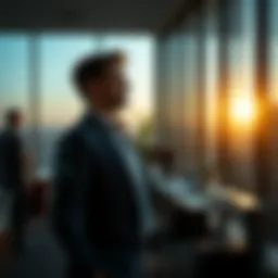 A dynamic professional in a high-rise office, showcasing success without traditional education.