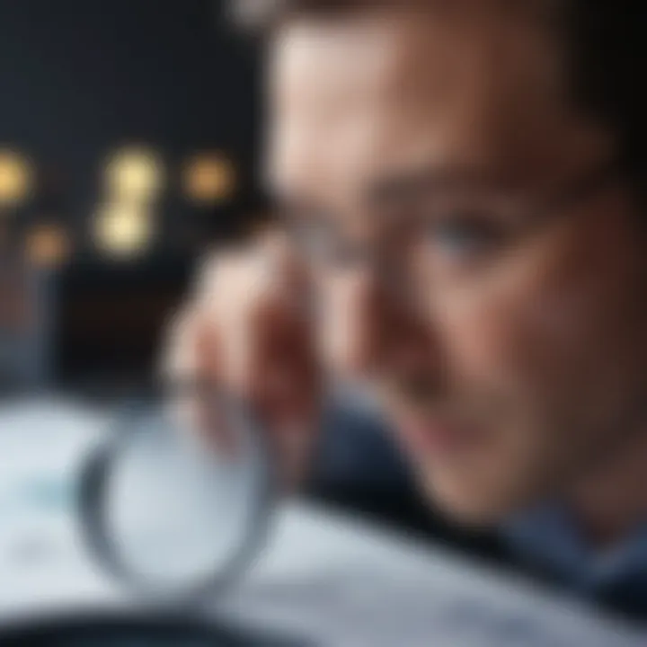 Financial advisor with a magnifying glass analyzing data