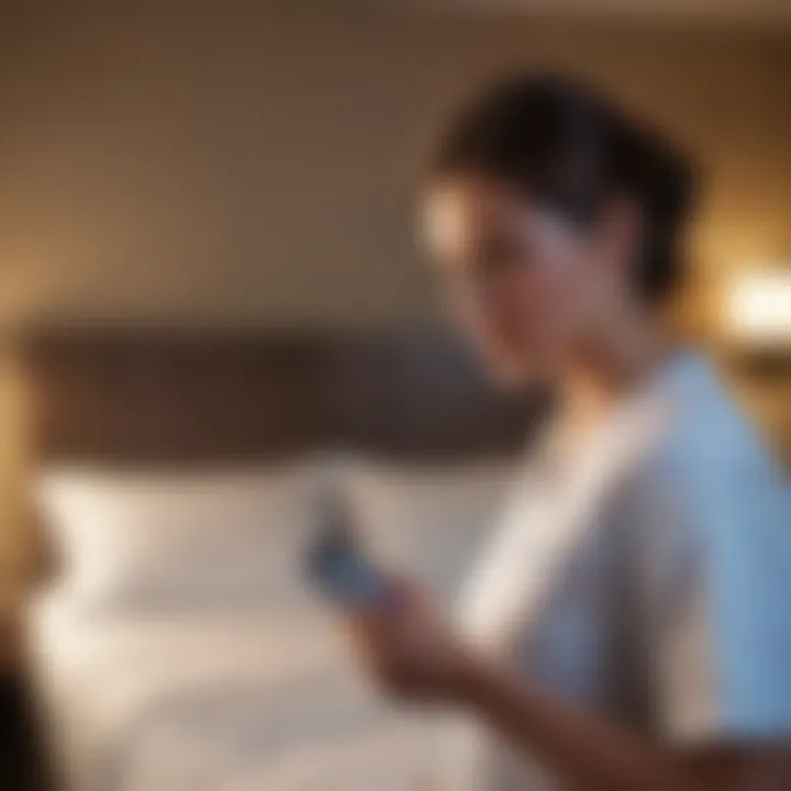 A nurse booking a hotel room on a mobile device, exploring discounts