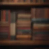 A close-up of vintage books on a wooden shelf