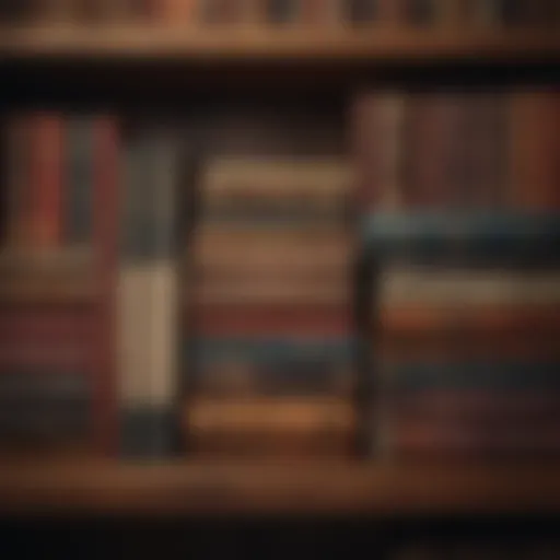 A close-up of vintage books on a wooden shelf