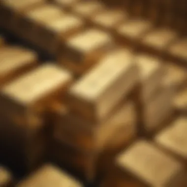 A detailed view of gold bars stacked in a secure vault