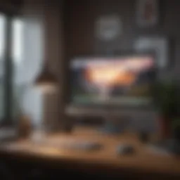 A laptop on a desk with a cozy home office setup