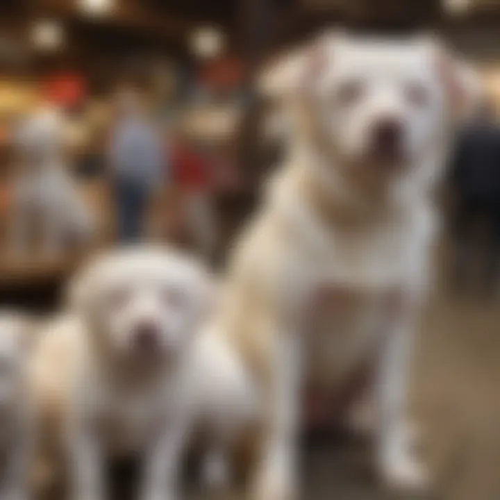 A market scene displaying albino dogs for potential buyers