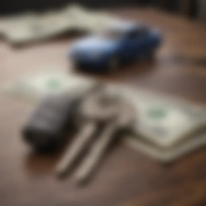 Car keys on a table with a stack of cash, symbolizing selling cars for cash