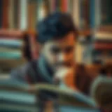 A thoughtful individual surrounded by a collection of finance books