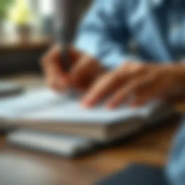 A close-up of a hand writing notes from a finance book