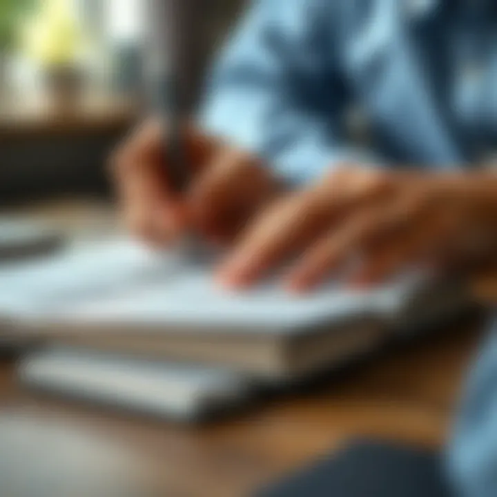 A close-up of a hand writing notes from a finance book