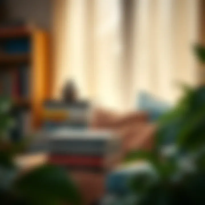 A cozy reading nook with a stack of personal finance books