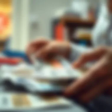 A close-up of a person sorting through various coupons