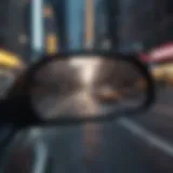 Reflection of a bustling city in rearview mirror