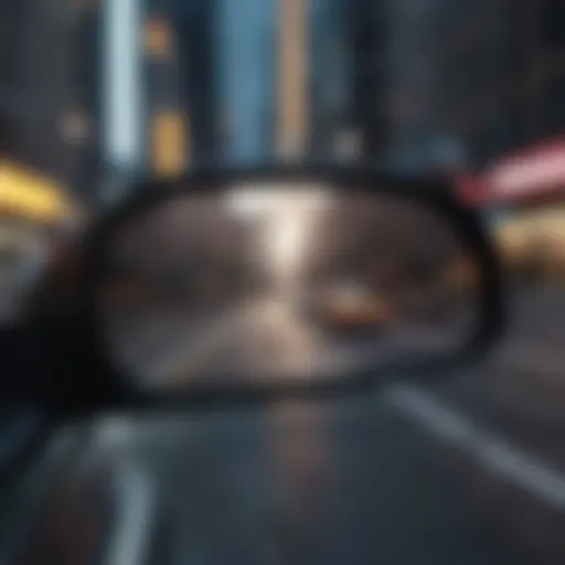 Reflection of a bustling city in rearview mirror