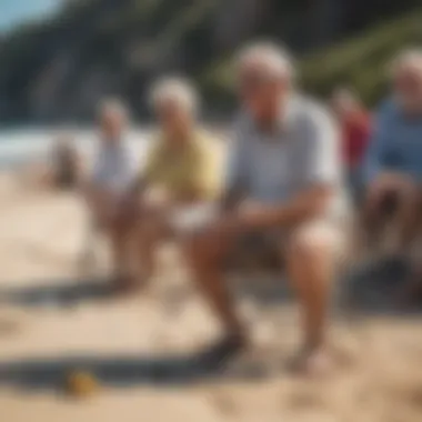 Diverse group of retirees engaging in leisure activities by the beach