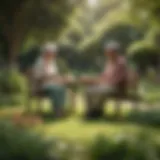 Elderly couple enjoying retirement in a serene garden