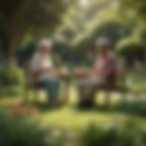 Elderly couple enjoying retirement in a serene garden