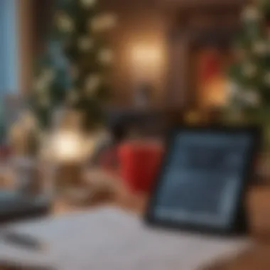Digital Budgeting for the Holidays A cozy holiday scene with a budgeting spreadsheet on a tablet