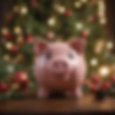 A festive piggy bank surrounded by holiday decorations