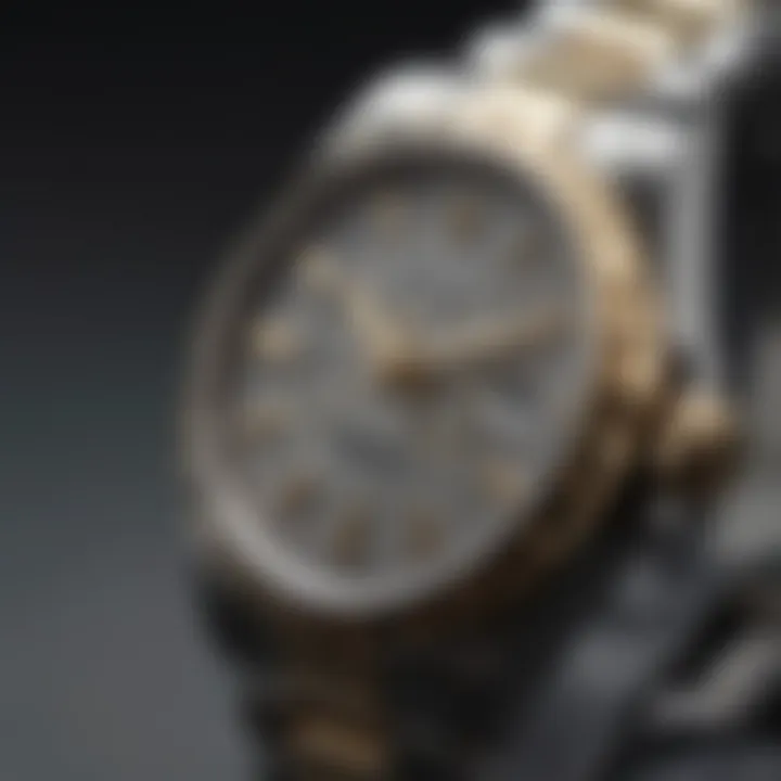 Close-up view showcasing the intricate gold detailing on a Rolex Oyster Perpetual