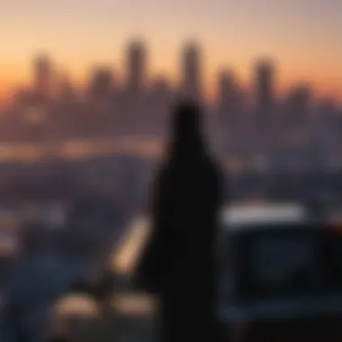 Uber driver's silhouette against city skyline at dusk