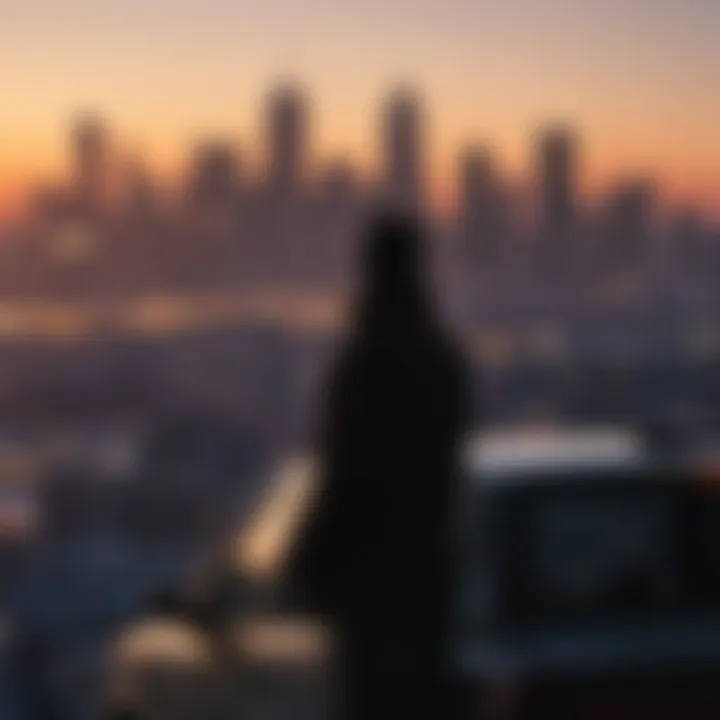 Uber driver's silhouette against city skyline at dusk