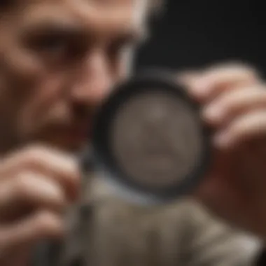 An expert examining a coin under a magnifying glass